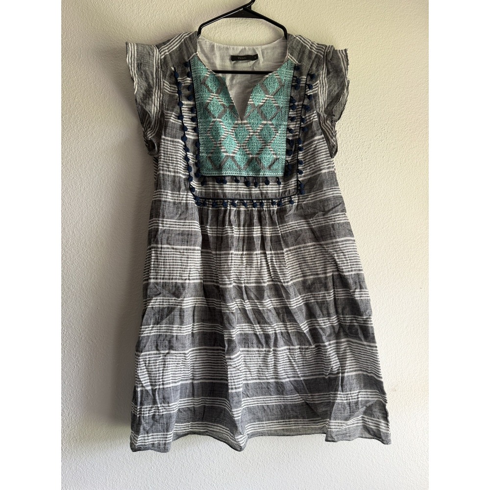 THML Dress Womens Medium Blue Stripe Embroidered Flutter Sleeve Shift V Neck